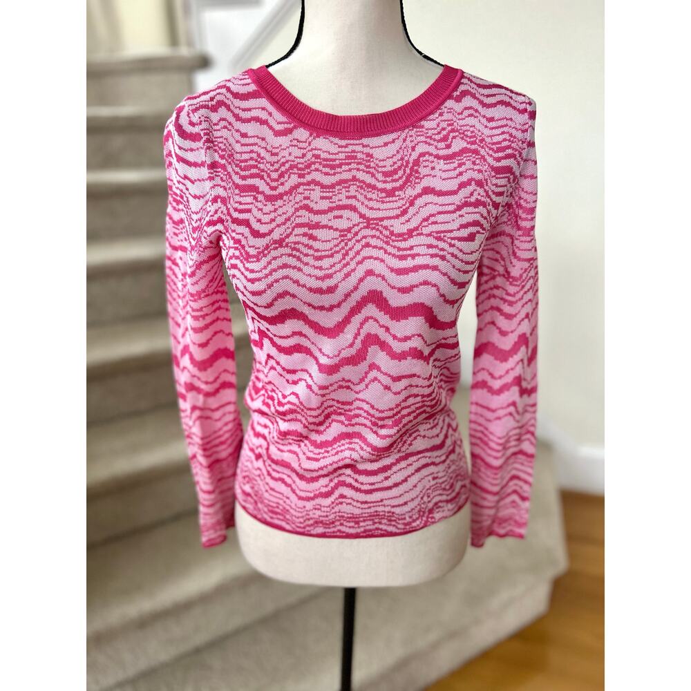 Milly Pink Tone on Tone Wavy Jacquard Long Sleeve Crewneck Sweater